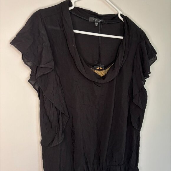 SANCTUARY NEW Scoop Neck Ruffled Top Womens L Black Macy's Mesh Beading - Picture 1 of 7